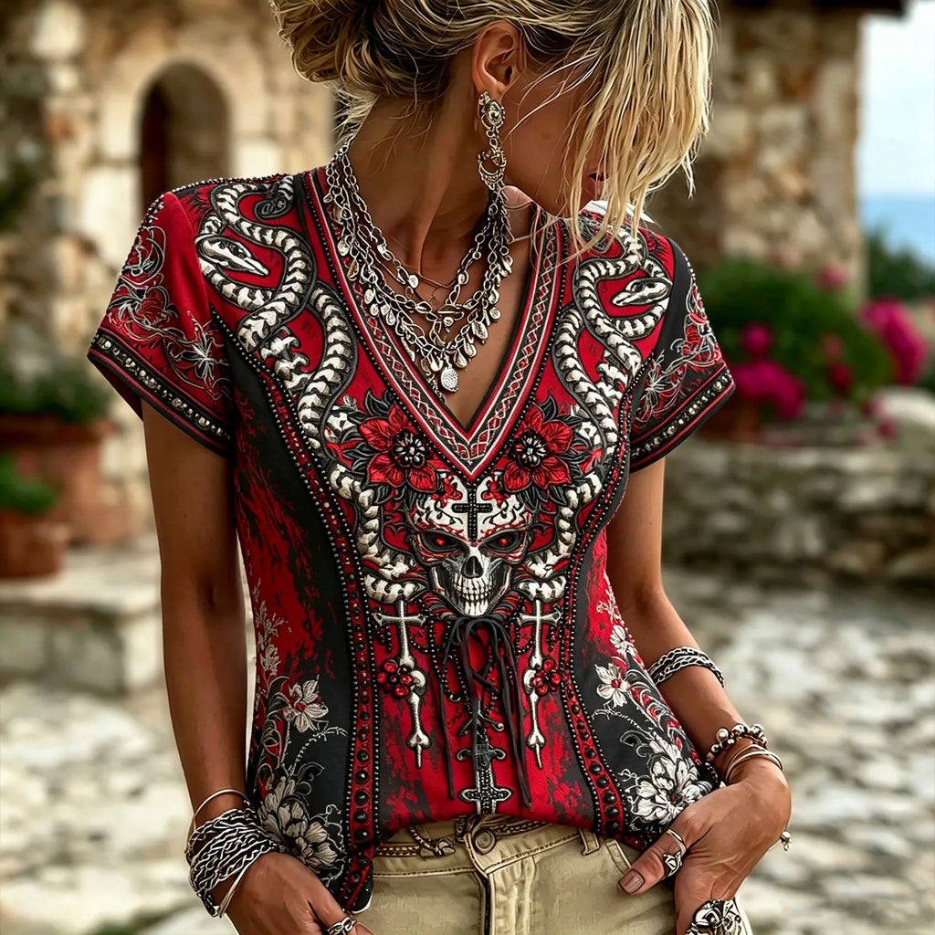 Women Gothic 3d Embroidery Skull Double Snake Floral V Neck Lace Up Short Sleeve Top