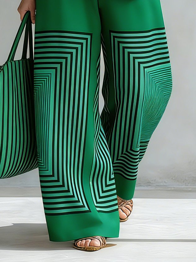 Urban Geometric Stripe Wide Leg Pants High Waist Flowy Office Trousers