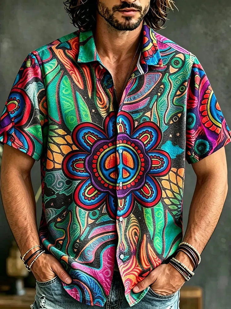 Men's Retro Hippie Peace Logo Floral Art Print Casual Short-sleeve Shirt