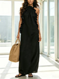 Cotton Casual Plain Peplum Halter Neck Maxi Dress