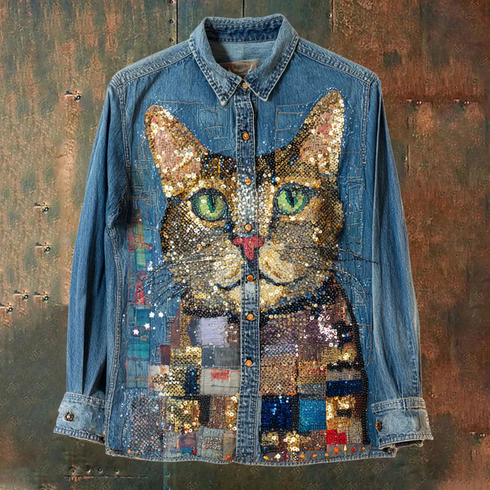 Vintage Sequined Cat Headshot Art Women's Long Sleeve Denim Shirt