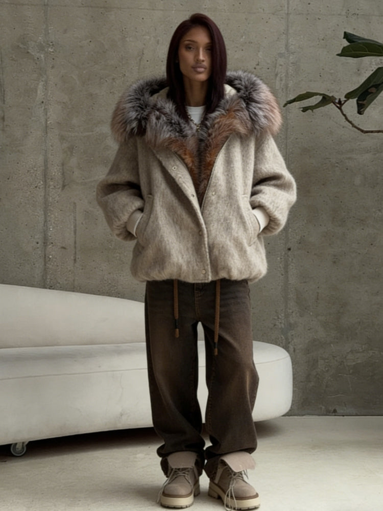 Faux Fur Hooded Wool-Blend Jacket