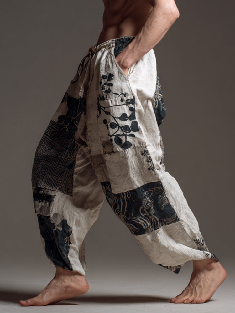 Japanese Style Patchwork Plant Print Casual Cotton Linen Trousers