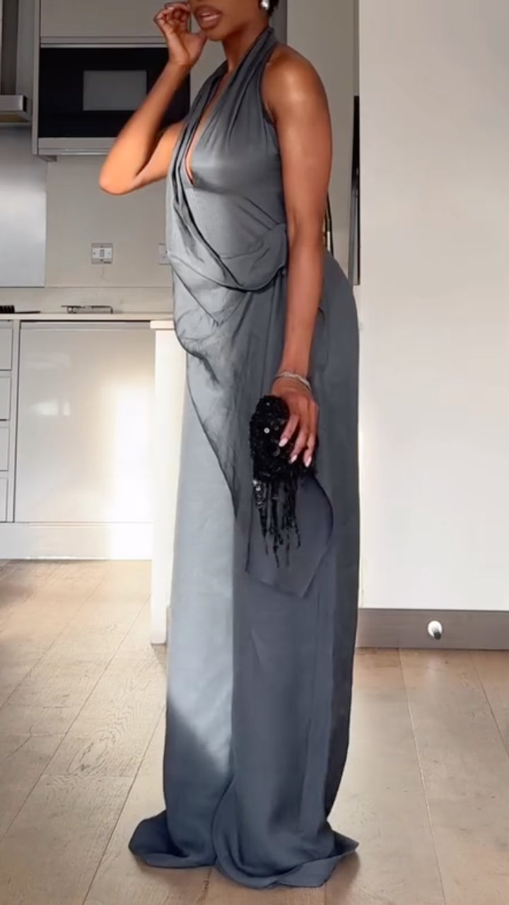 Grey Halter Neck Draped Wide Leg  Pants Set