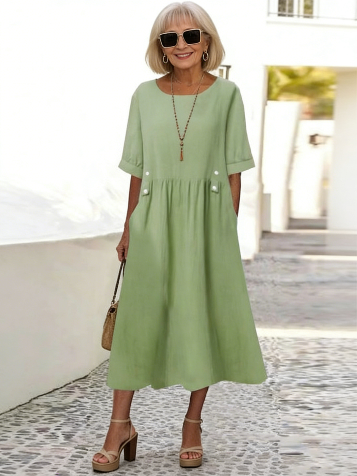Short Sleeve Cotton Linen round-Neck Loose Mid-Length plus Size Dress