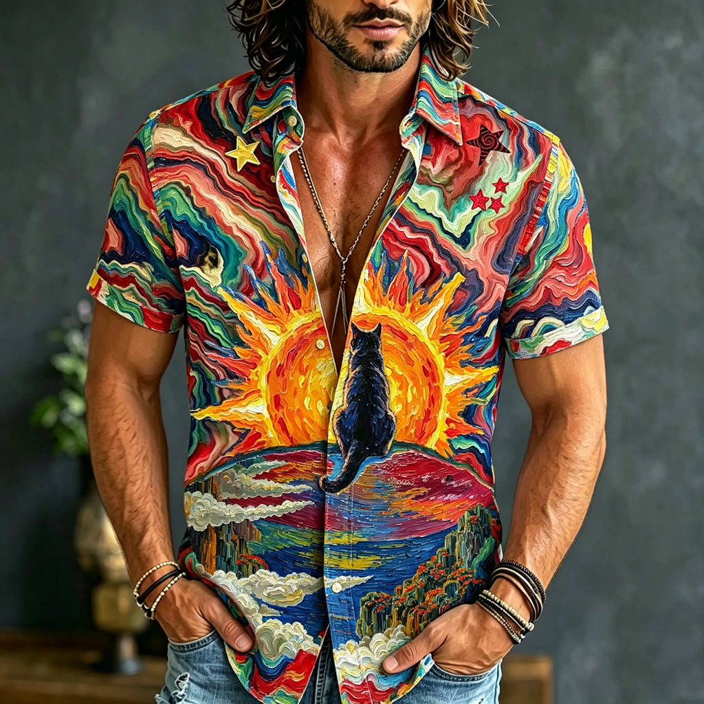 Men's Retro Hippie Style Sun And Cat Print Short-sleeve Shirt