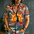Men's Retro Hippie Style Sun And Cat Print Short-sleeve Shirt
