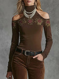 High-neckoff-shoulder Rose-embroidered All-cotton Long-sleeved T-shirt