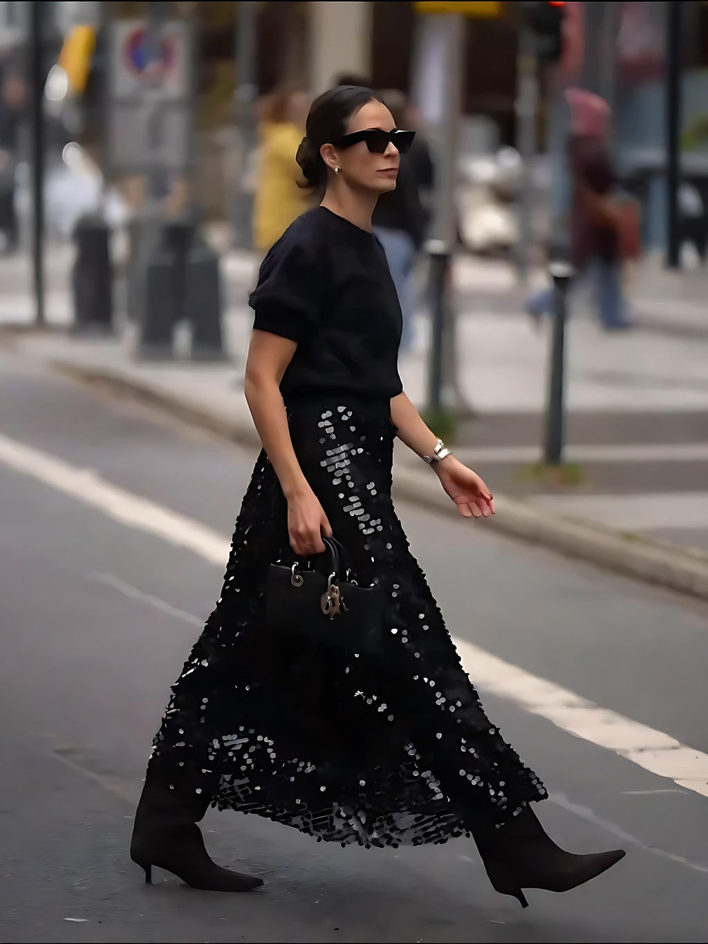 Black Sequin Tulle Midi Skirt