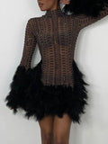 Beaded Feathers Long Sleeves Round-neck Mini Dresses