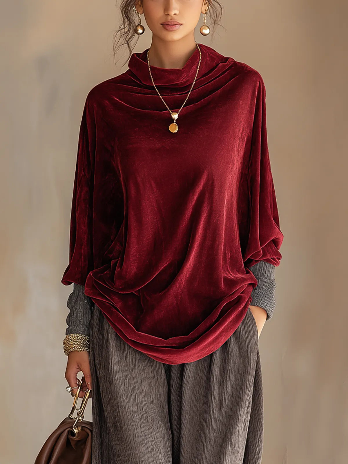 Burgundy Velvet Cowl Neck Top & Grey Crinkled Harem Pant Two‑Piece Set