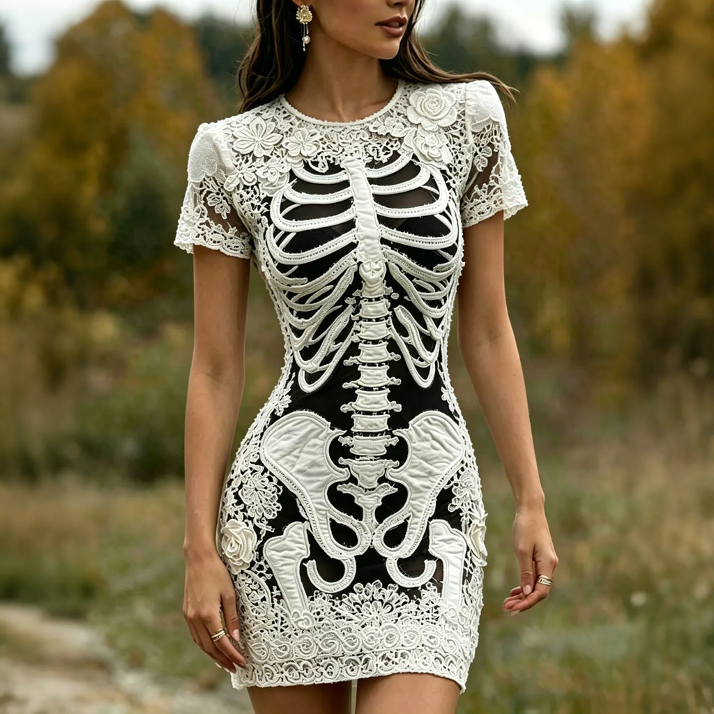 Women's Vintage Halloween Rose And Bloody Art Crew Neck Short Sleeve Mini Dress