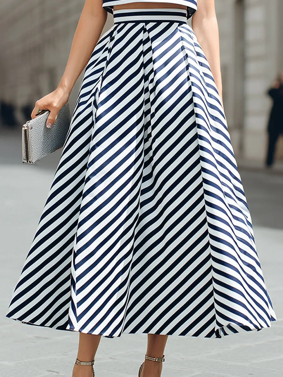 Structured Striped Cropped Top And Pleated A-Line Midi Skirt Set