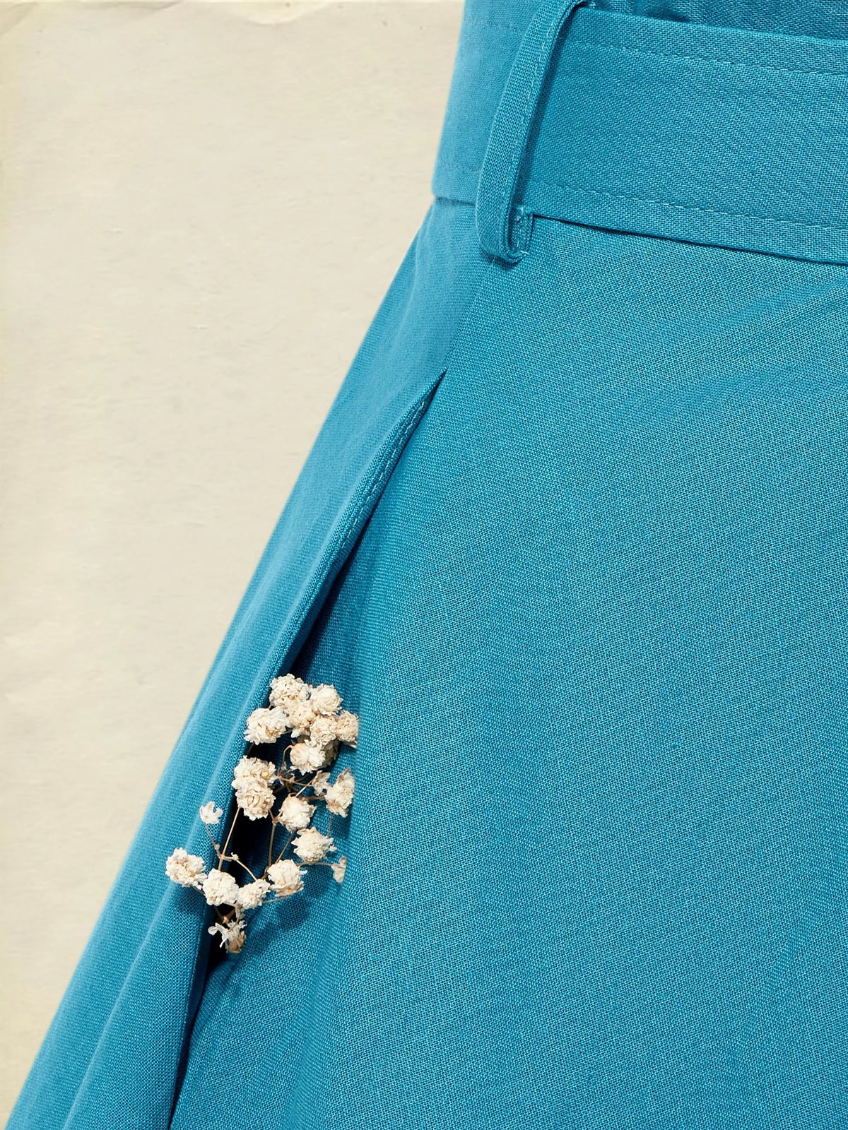 Midi Linen Dress , Half Sleeve, Shawl Collar, Plain, Belt Design, Vintage, Cyan