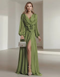 Elegant Chiffon Solid Color Long Slit Puff Sleeve Maxi Dress