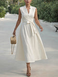 Midi Linen Dress , Sleeveless, V Neck, Plain, Belt Design, Vintage, White