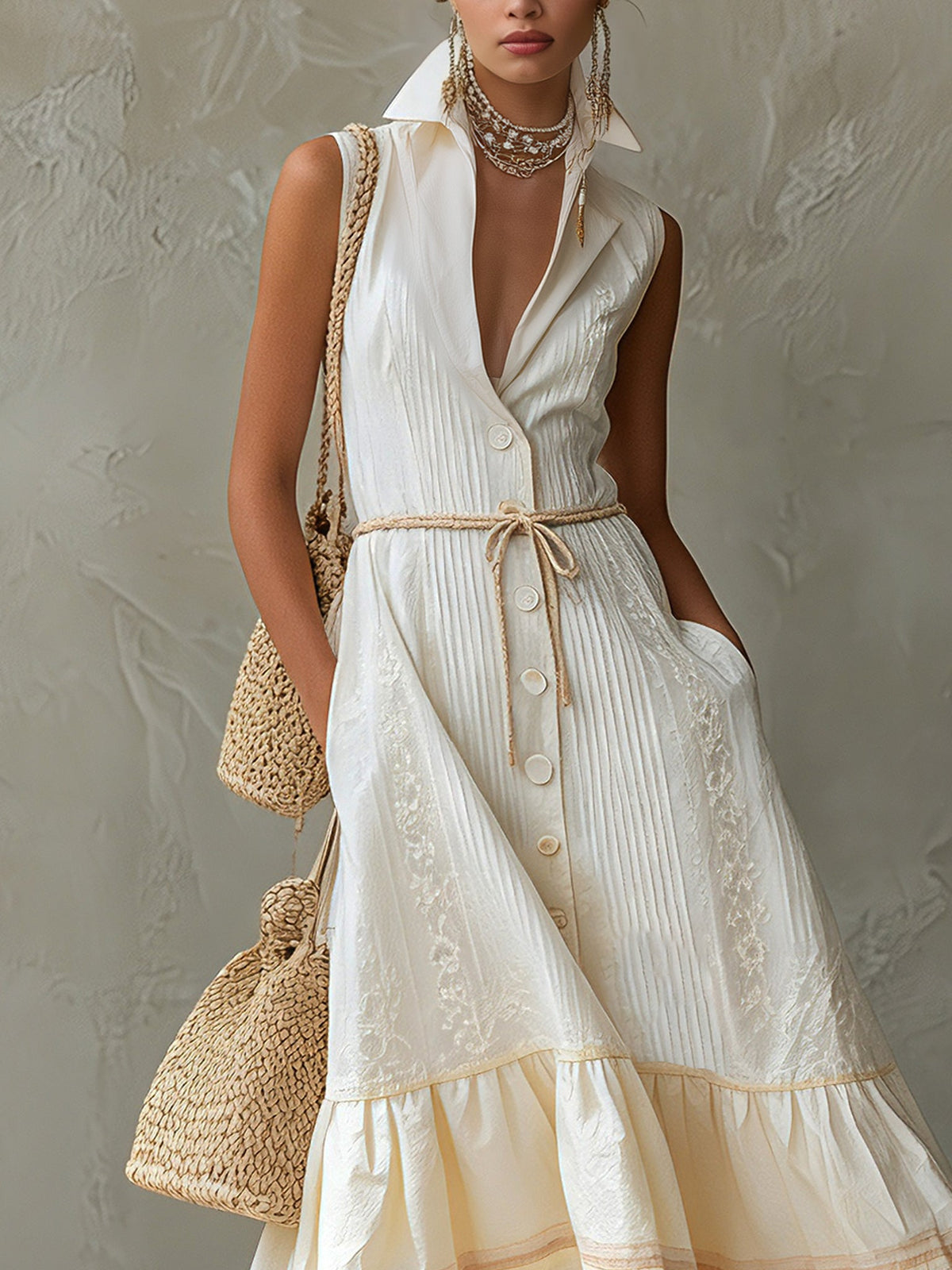 Cream Sleeveless Fringe Hem Maxi Dress