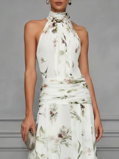 White Ruched Floral Chiffon Halter Neck Sleeveless A-Line Floor-length Gown Dress