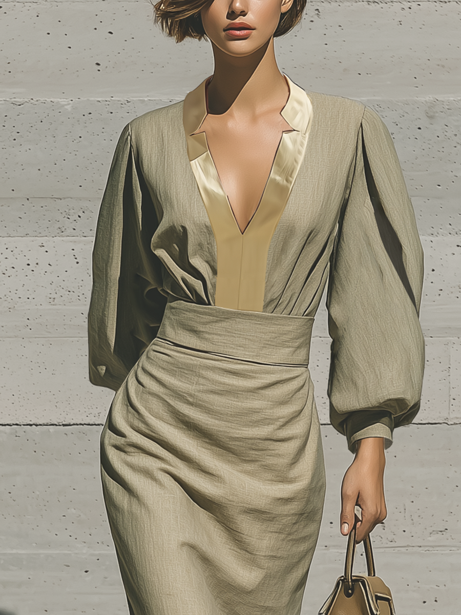 Women's Light Khaki TCotton Blend Contrast Trim Notched Collar Lantern Sleeve Top High Waist Ruched Wrap Midi Skirt Matching Set MDZ2485G3YZJ