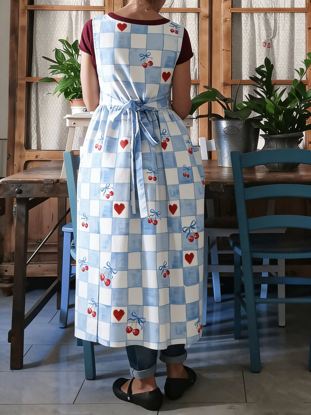 Cute Blue Checkerboard Apron with Hearts & Cherries