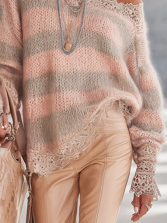24-Hour-Shipping Pink And Taupe Striped Mohair Sweater With Lace Trim