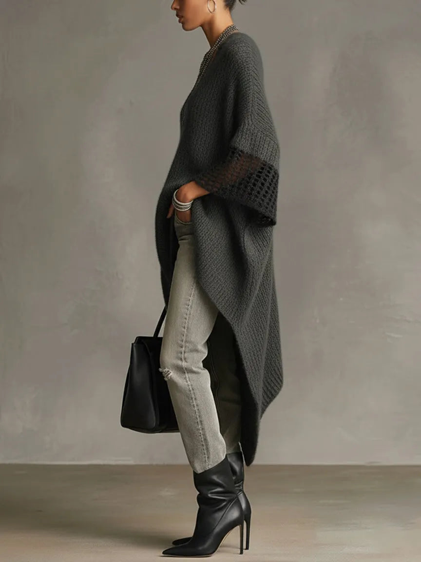 24-Hour-Shipping Gray Asymmetric Hem Loose Knit Dress With Crochet Mid Sleeves