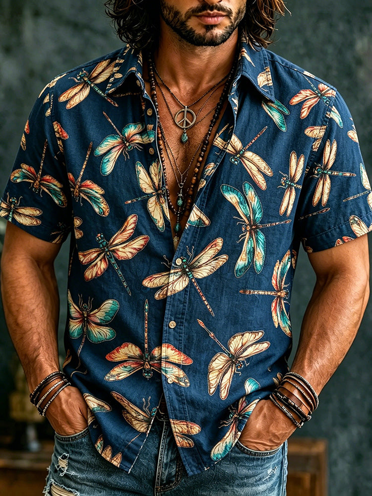 Men's Retro Hippie Dragonfly Pattern Art Casual Shirt