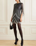 Fringed embellished tulle mini dress