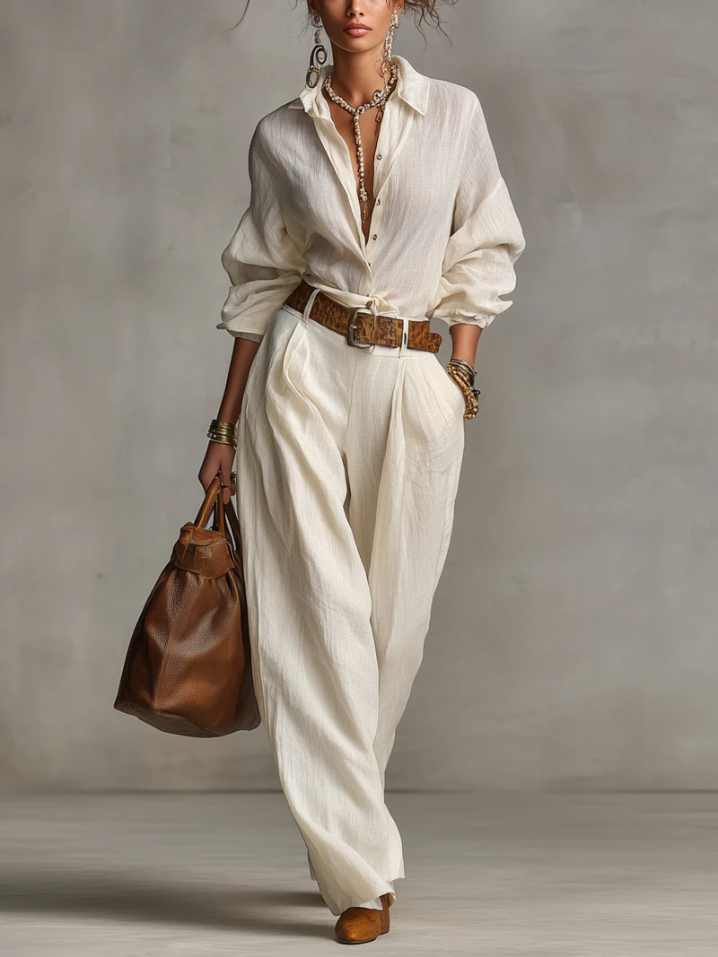 Cream-colored Loose-fitting Shirt And Wide-leg Pants Two-piece Set(with belt)