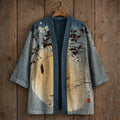 Men's Vintage Plum Blossoms With Moon Japanese Art Linen Blend Kimono Cardigan