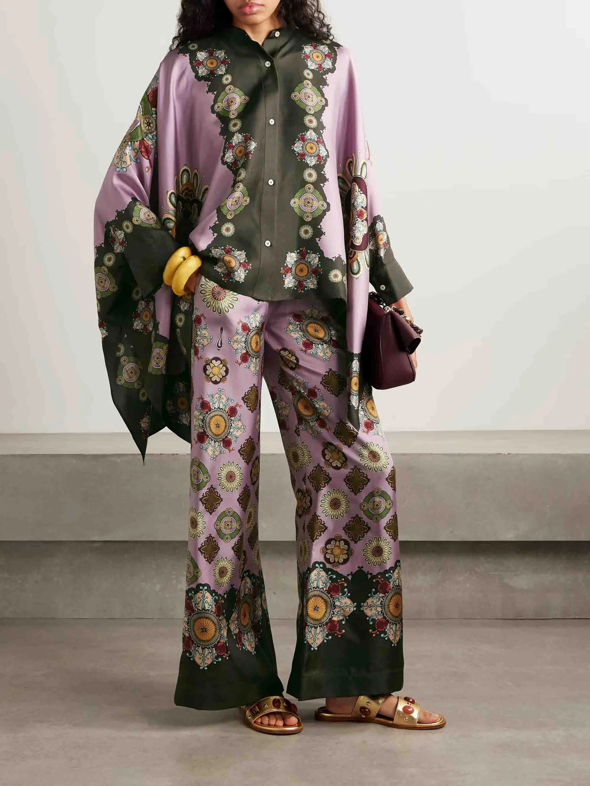 Retro Fine Satin Floral Print Cape Shirt