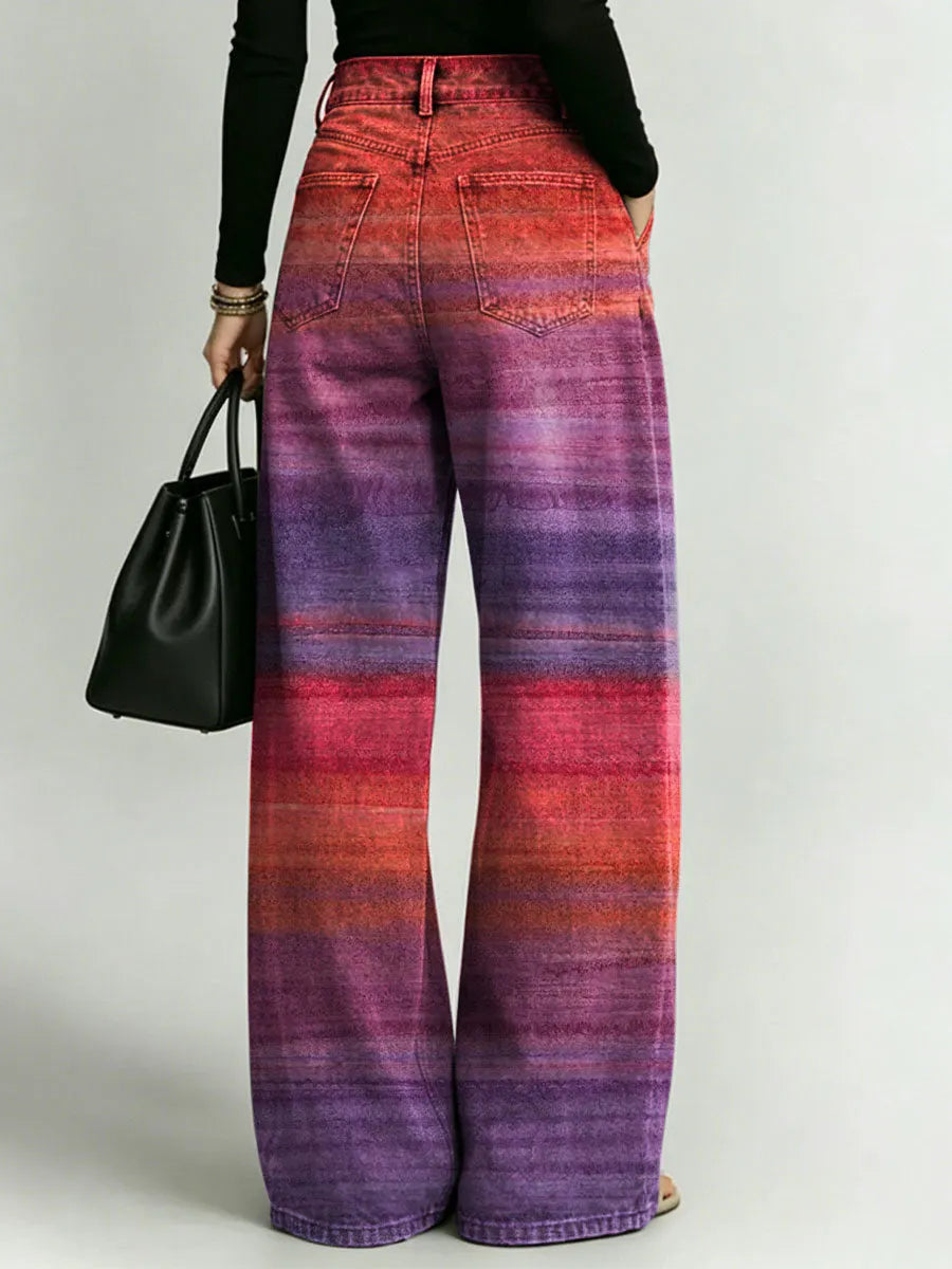 Women's Retro Gradient Pattern Printed Stylish Cutout Casual Denim Jeans
