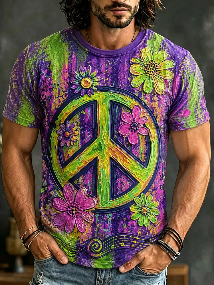 Men's Vintage Hippie Flower Peace Oil Painting Art Print Short Sleeve T-shirt