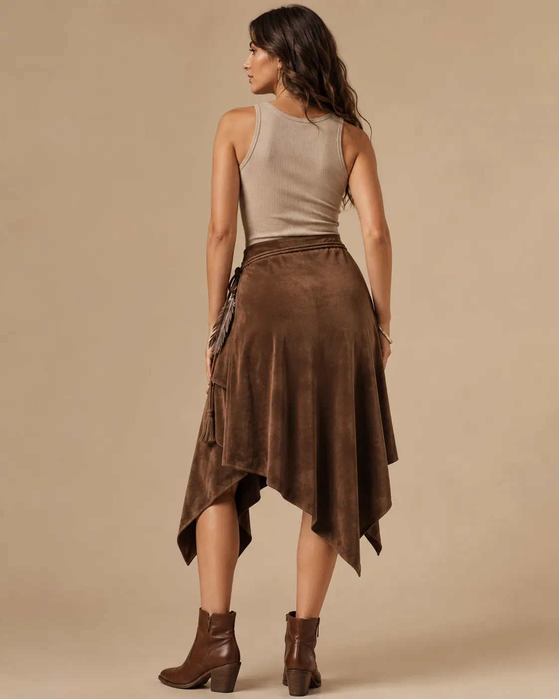 Brown Asymmetric Suede Wrap Skirt