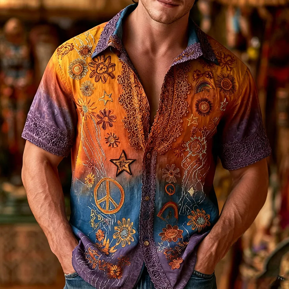 Men's Hippie Peace Symbol And Floral Embroidery Tie-dye Casual Short Sleeve Shirt