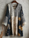 Japanese Art Retro Style Plant And Flower Pattern Patchwork Design V-neck Cotton And Linen Dress