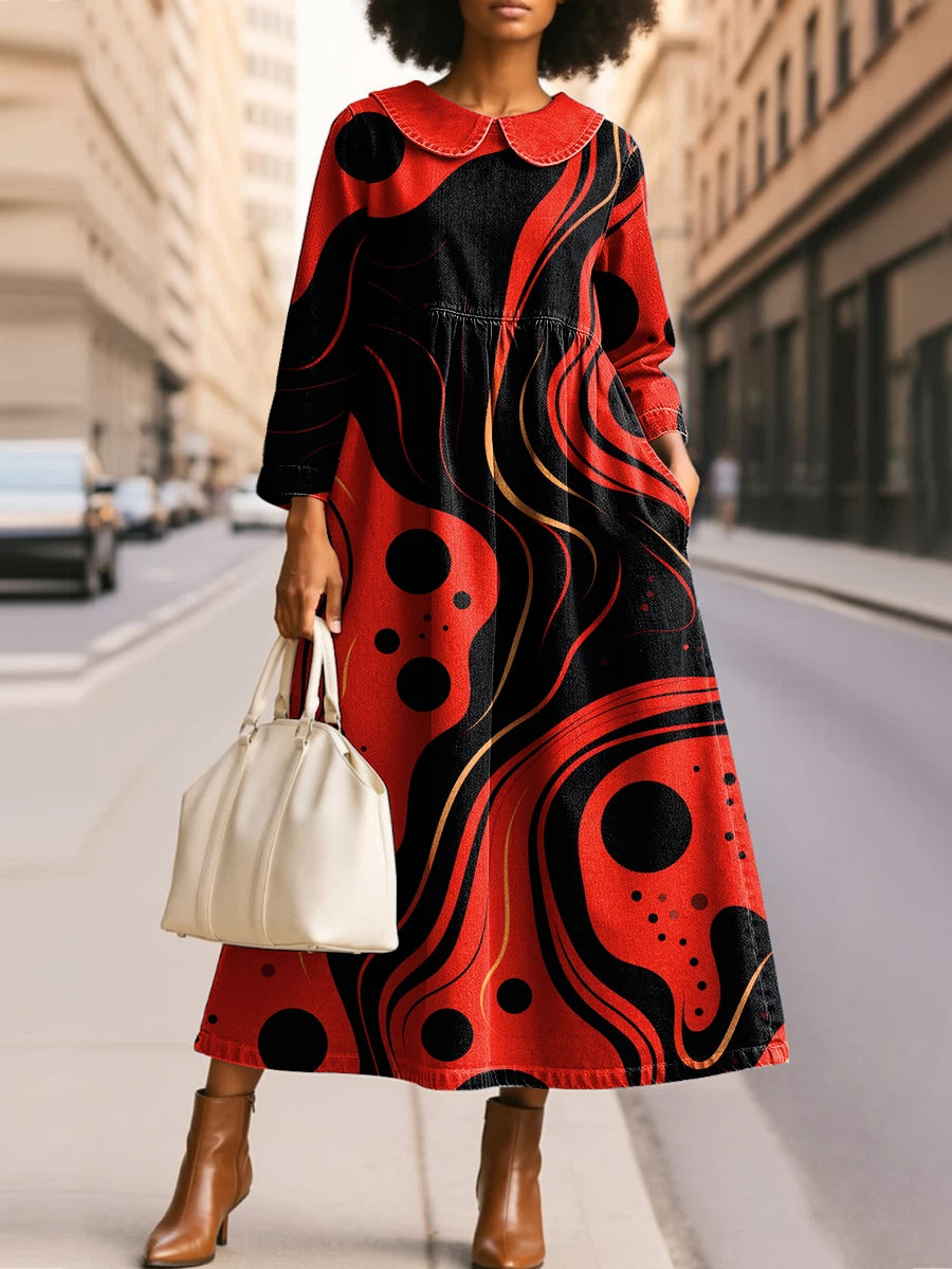 Women's Fashion Stripes Polka Dots Print Silhouette Peter Pan Collar Maxi Dress