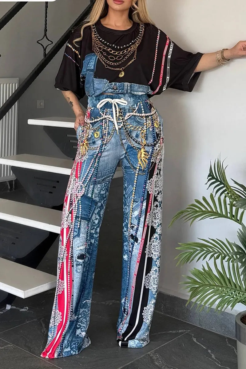 Women's Casual Pattern-Print Rhinestone T-Shirt Pants Set