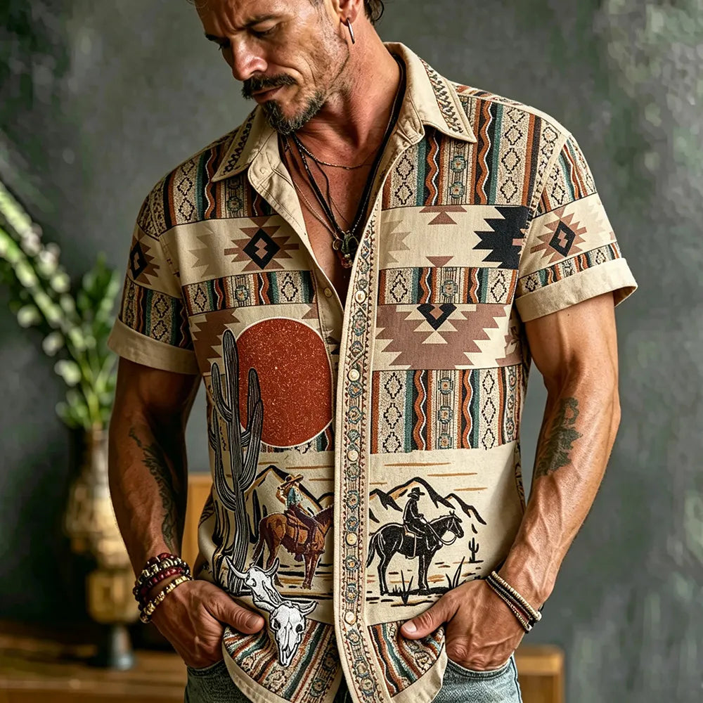 Navajo Western Cowboy Cactus Desert Print Short Sleeve Shirt For Men, Vintage Aztec Tribal Pattern Camp Collar Casual Summer Button Up Top