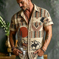 Navajo Western Cowboy Cactus Desert Print Short Sleeve Shirt For Men, Vintage Aztec Tribal Pattern Camp Collar Casual Summer Button Up Top
