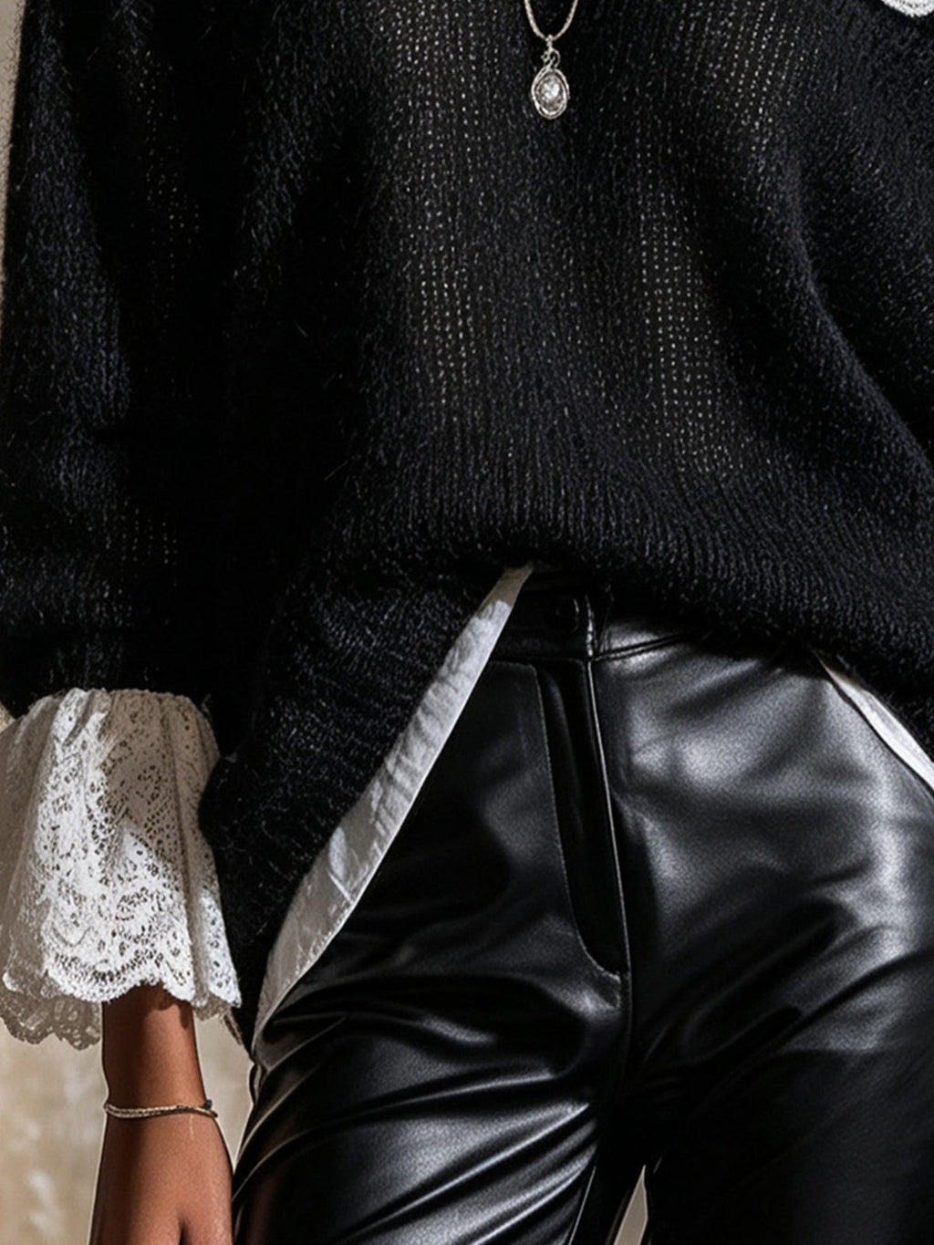 Black Mohair Off-The-Shoulder Sweater With White Lace Trim