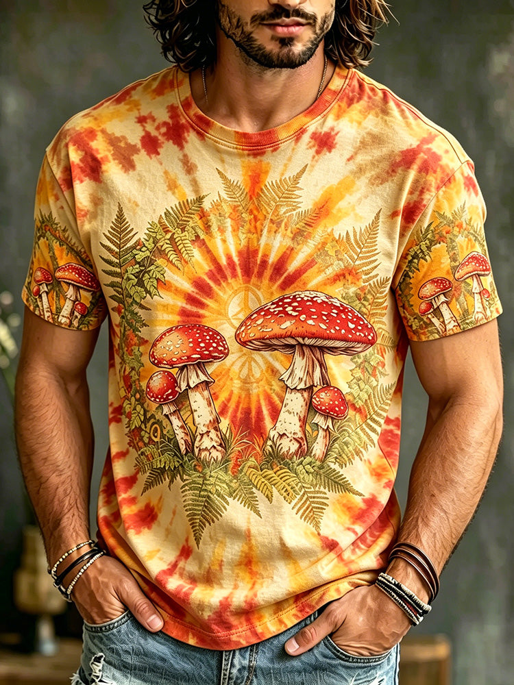 Men's Hippie Tie-dye Peace Symbol Psychedelic Mushroom Print Casual T-shirt