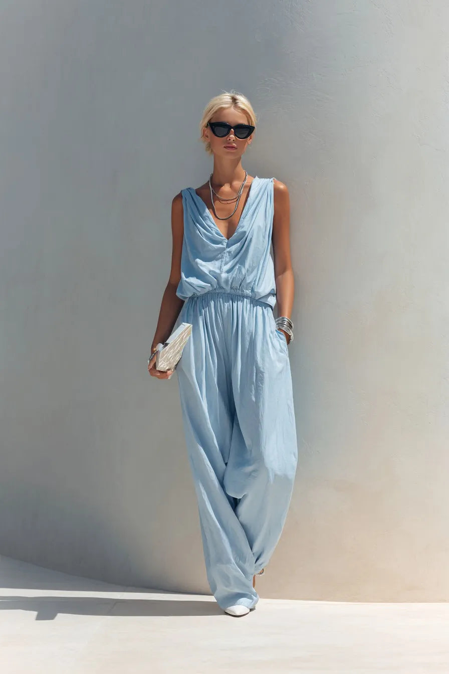 Women's Light Blue V-Neck Tie-Waist Jumpsuit