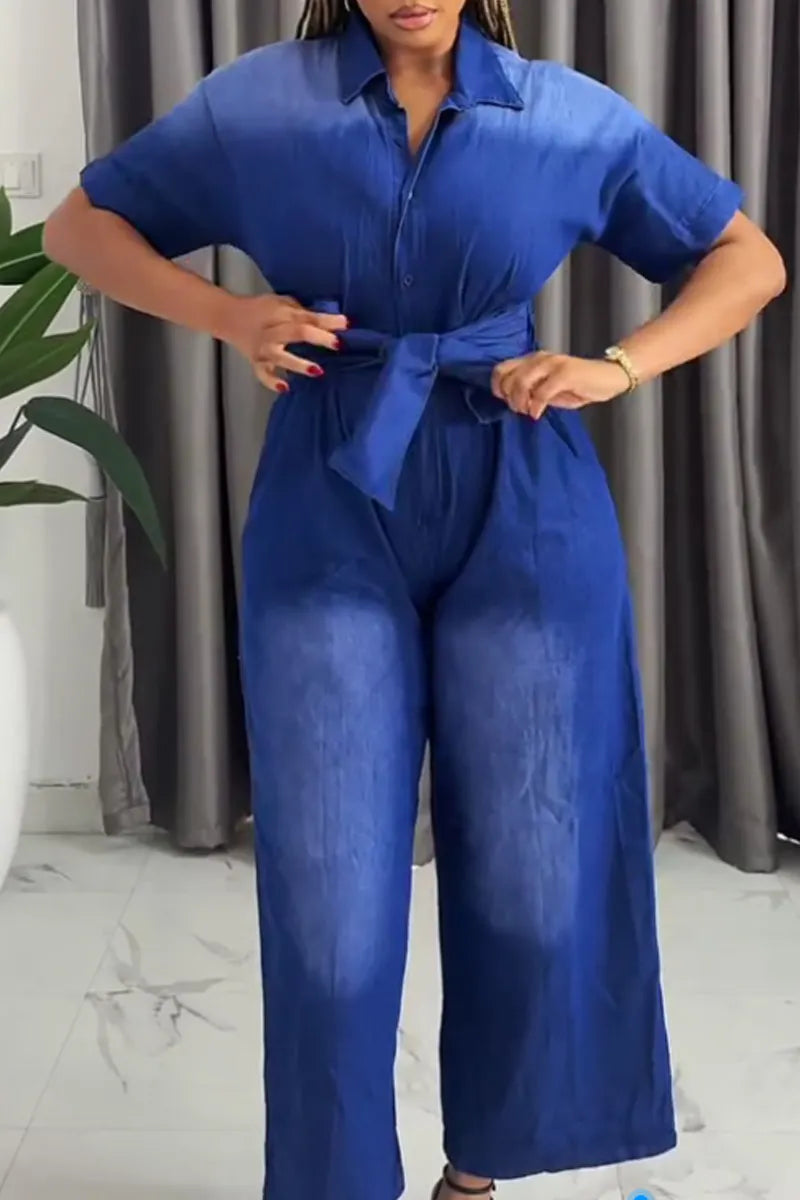 Women's  Casual Gradient Blue Lapel Short Sleeve Tie Waist Wide Leg Denim Jumpsuit