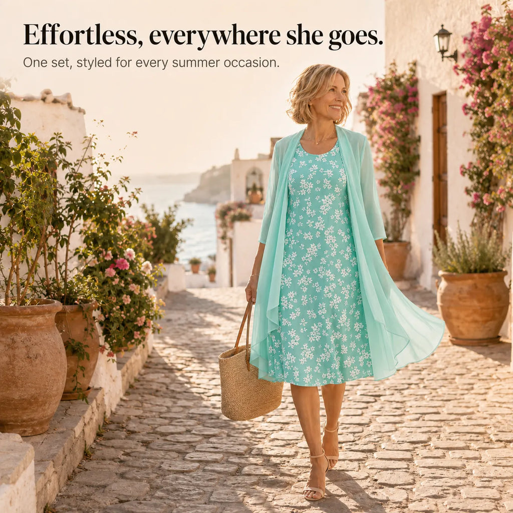 Marisella – Floral Midi Dress with Sheer Cardigan 2-Piece Set