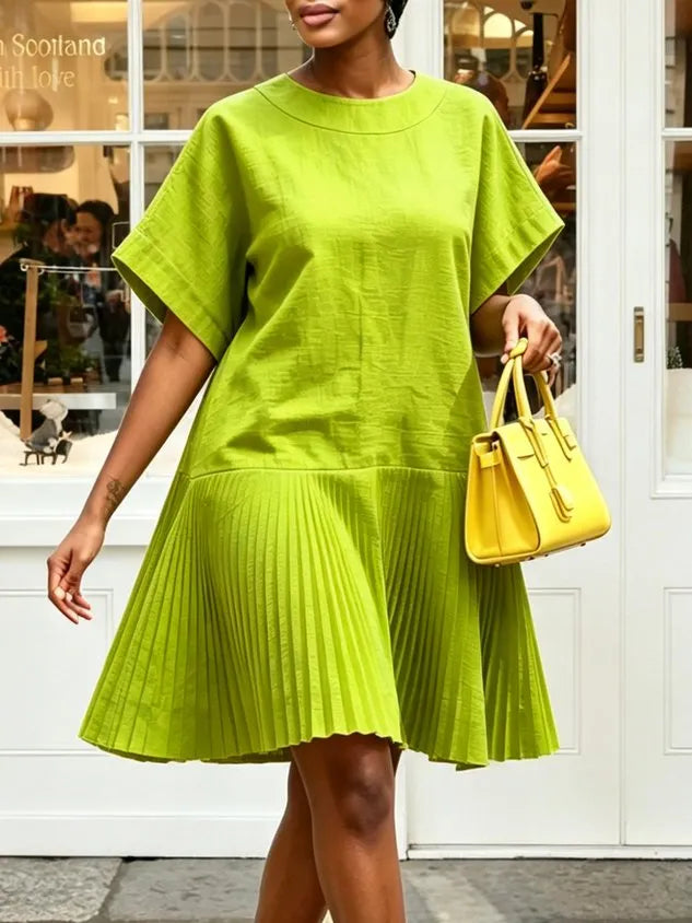 Cotton And Linen Casual Plain Pleated Crew Neck Knee Length Dress