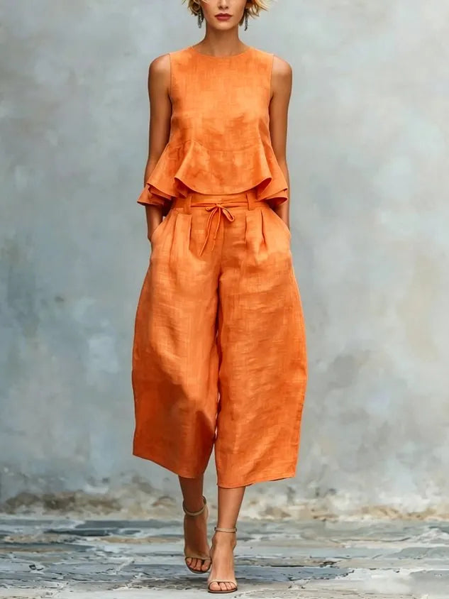 Casual Solid Relaxed Cropped Lace-up Wide Leg Pants