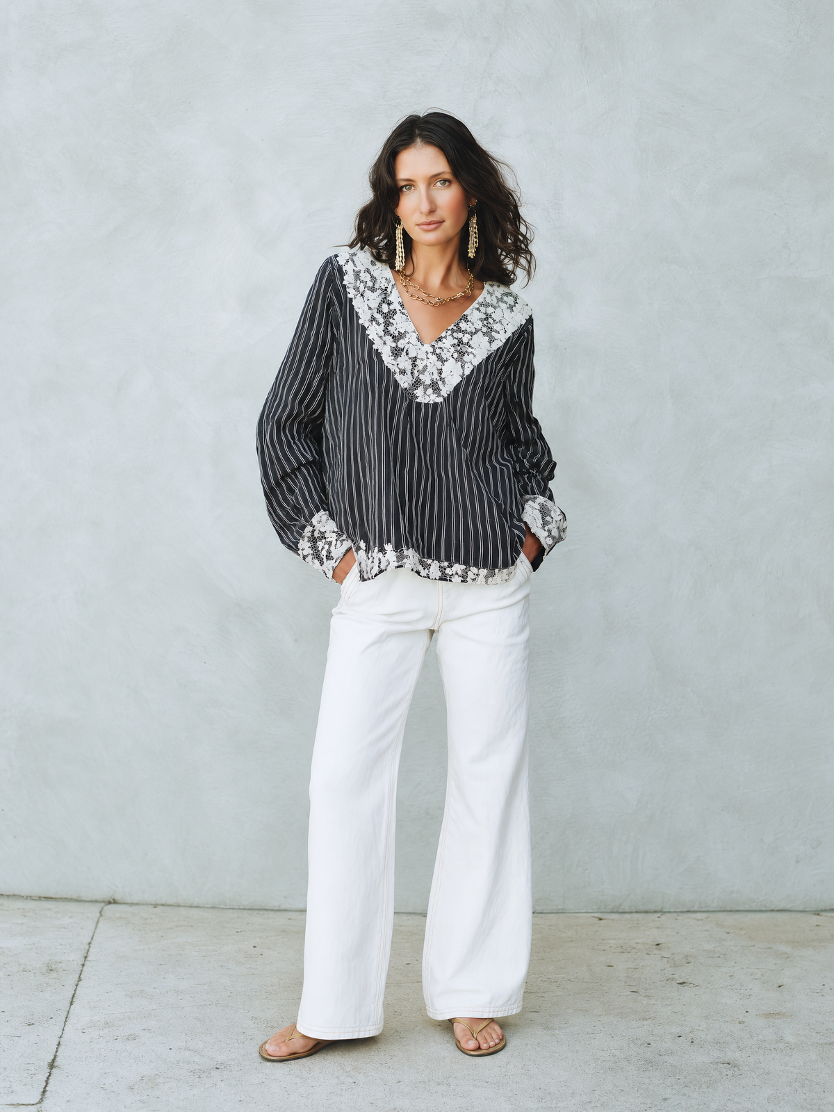 Elegant Black Lace Trim Striped Blouse