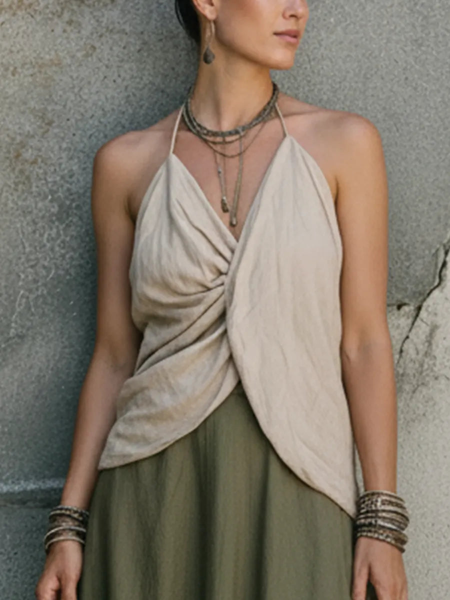 Women's Relaxed-Fit Off-White Cotton-Linen Halter Top And Olive Green Cotton-Linen Midi Skirt Set MDZ2357D0GMJ