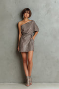Women's Taupe One-Shoulder Satin-Like Wrap Mini Dress